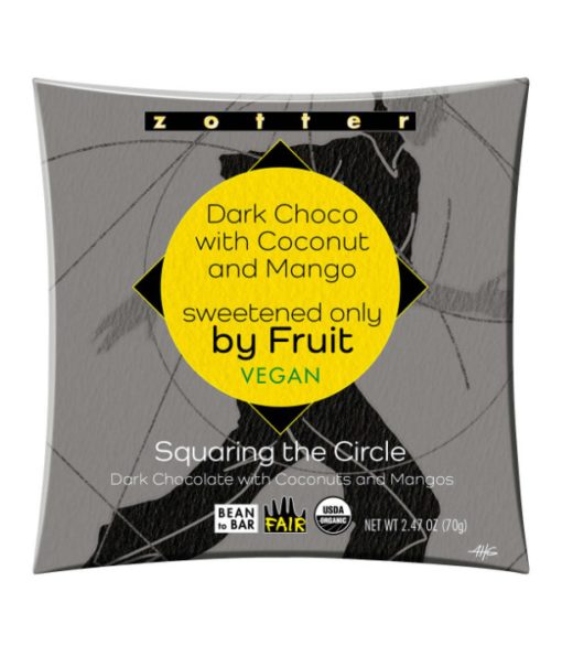 Dark Chocolate with Coconut and Mango, sweetened only by fruit