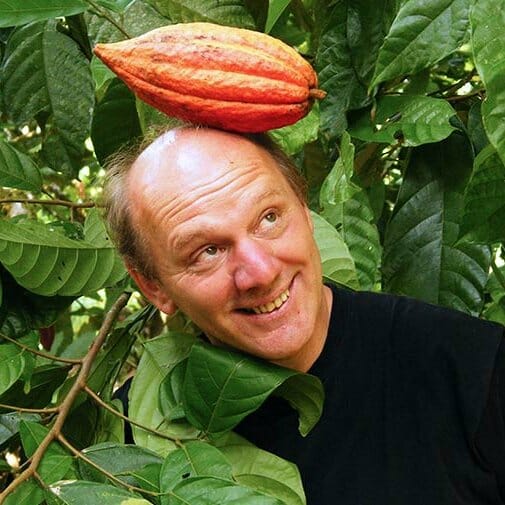 josef zotter cocoa pod on his head