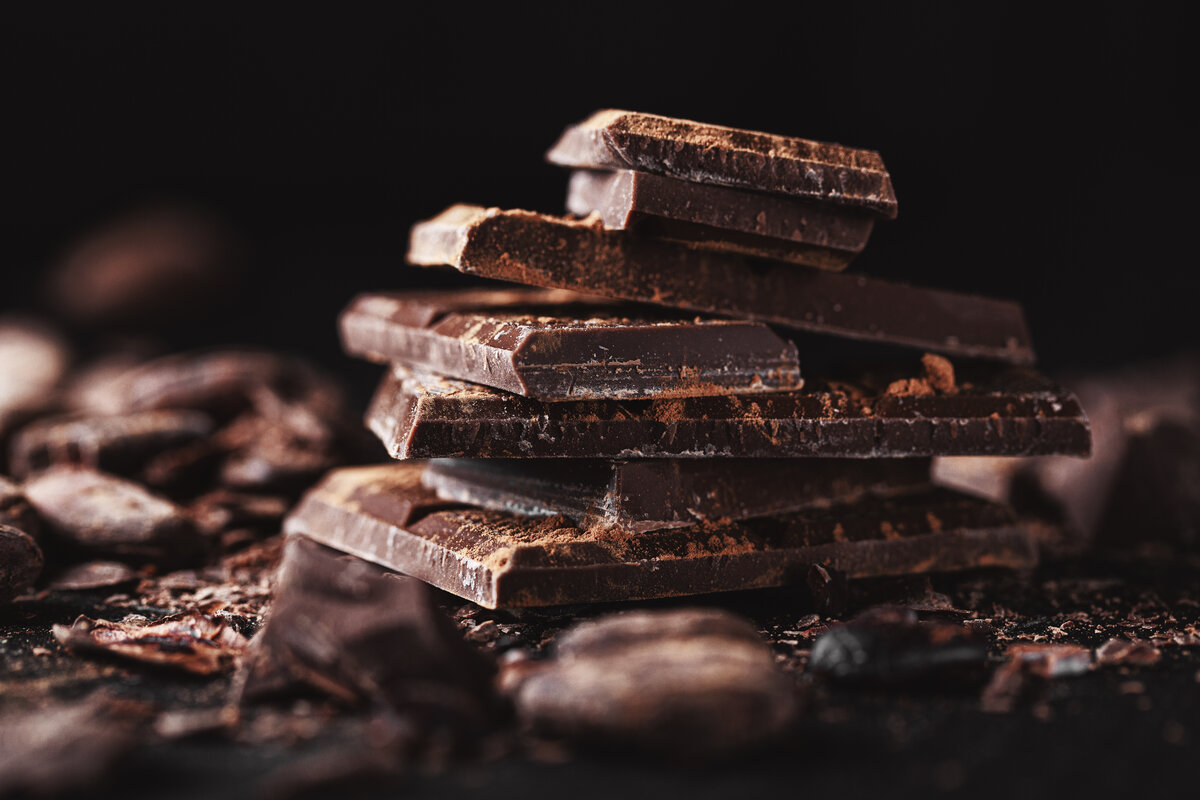 Closeup of dark gluten-free chocolate chunks on table.