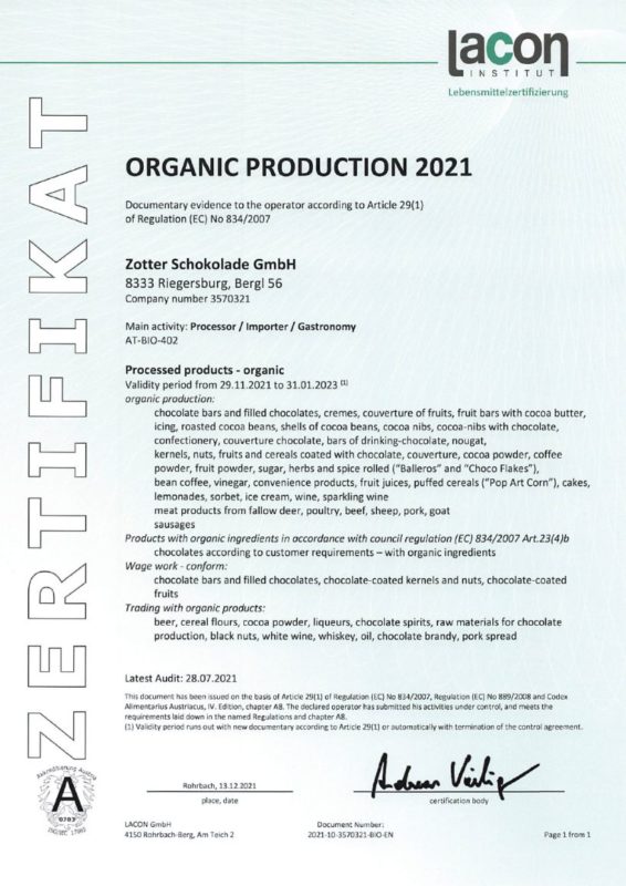 Zotter Organic Certificate till 1-31-2023