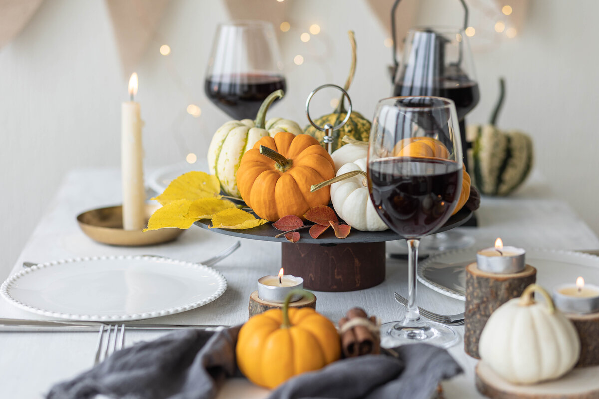 Idea for a beautiful autumn setting for thanksgiving family dinner or wedding with chocolate