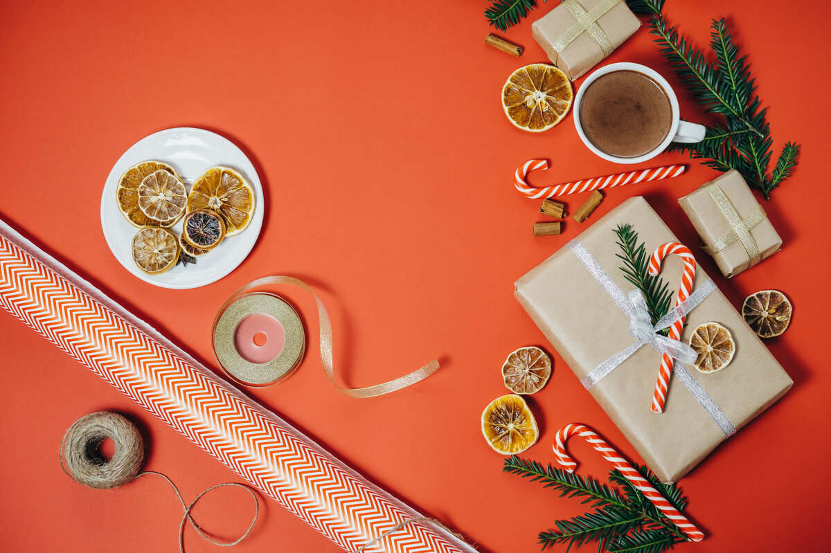 Preparation for Christmas. Fir tree, hot chocolate, gift, candy, and zotter chocolate