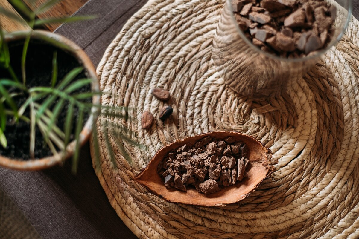 Top view of organic chocolate cacao beans, handmade healthy chocolate