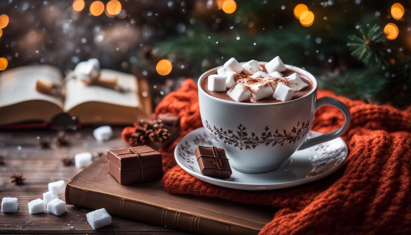 Hot chocolate with marshmallows in a cozy christmas environment